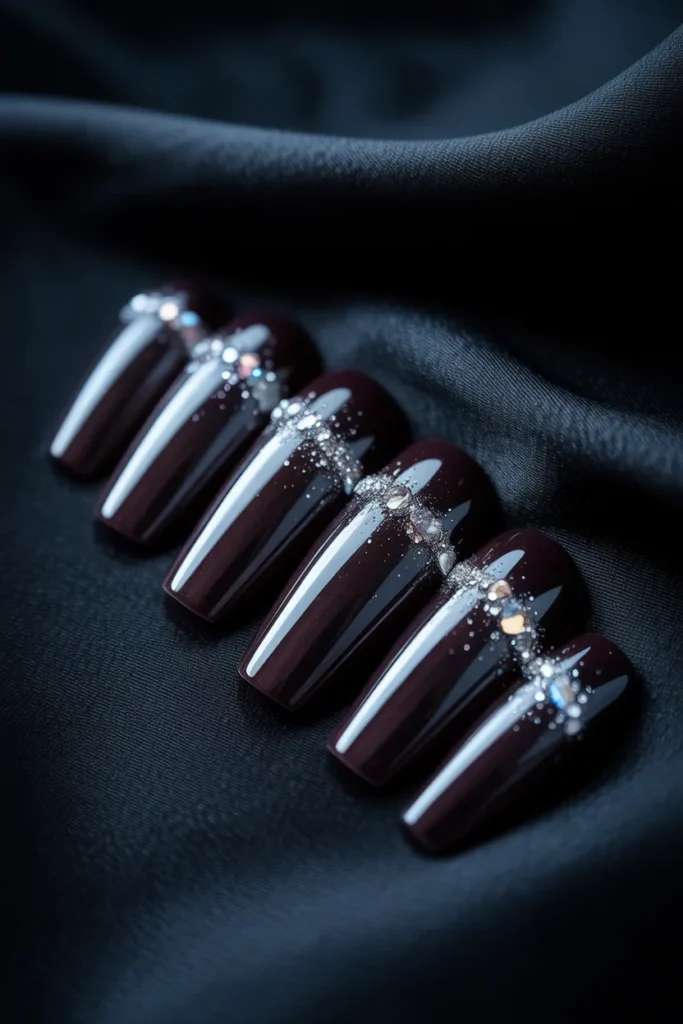 1. Glossy Black Coffin Prom Nails with Diamond Dust