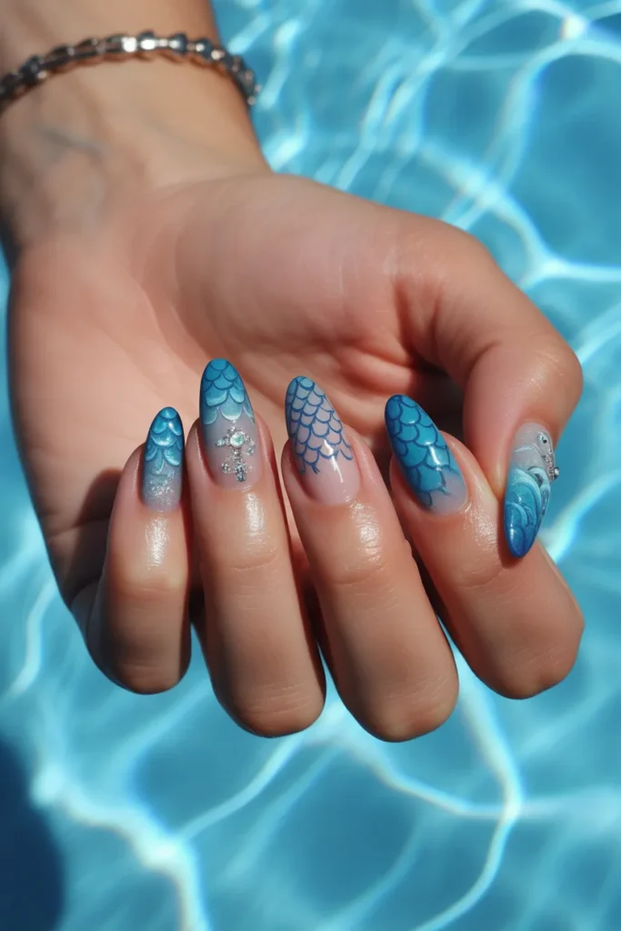 Close-up of Pisces-inspired manicure featuring ocean blue gradient nails with delicate fish scale patterns and sparkling silver accents, reflecting realistic water-like shine and a dreamy zodiac aesthetic.