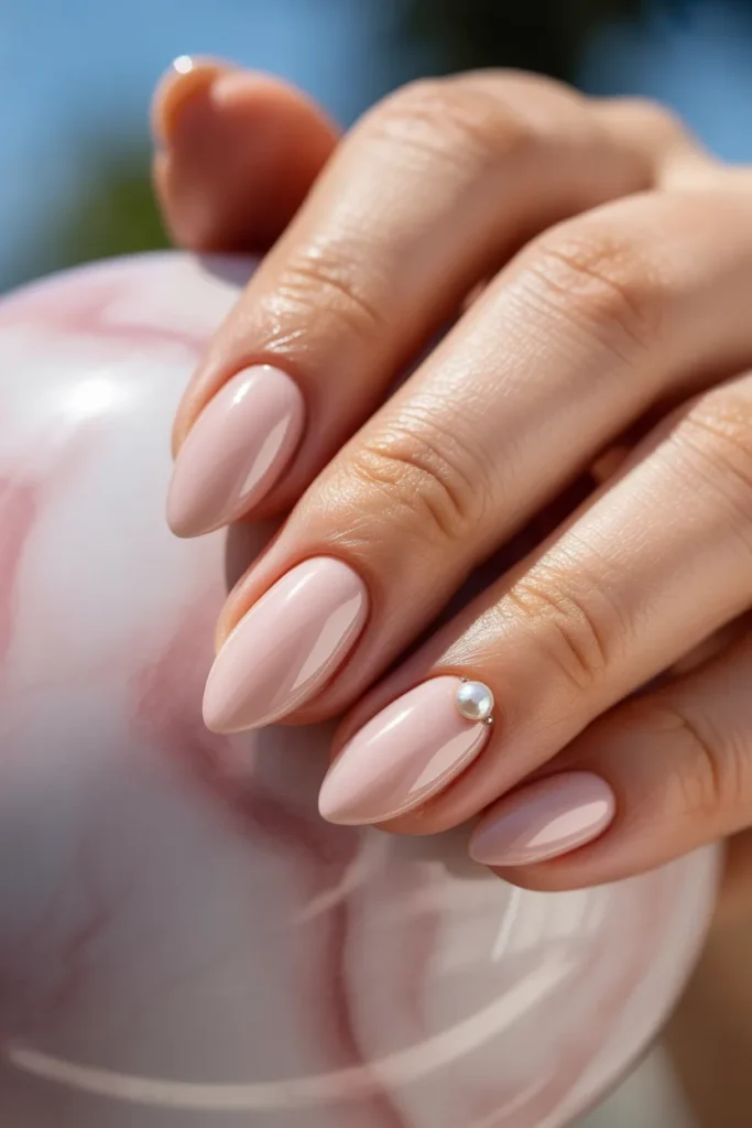 1. Sheer Blush Pink Glazed Almond Nails