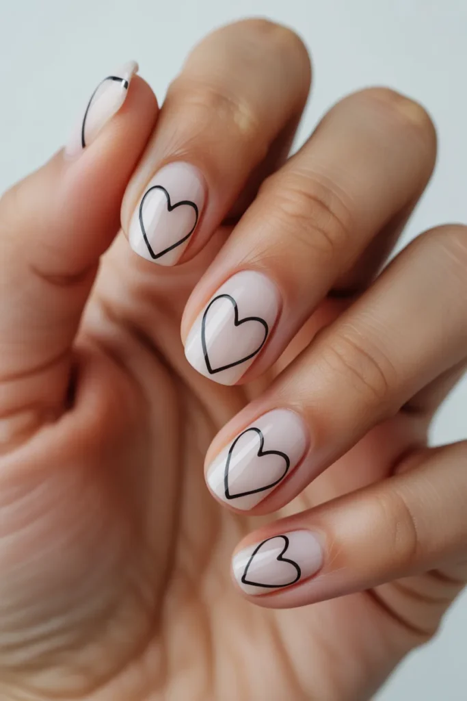 Medium oval nails with a glossy white base and thin black outline hearts, clean minimalist Scandinavian-inspired manicure in natural lighting, elegant modern nail design.