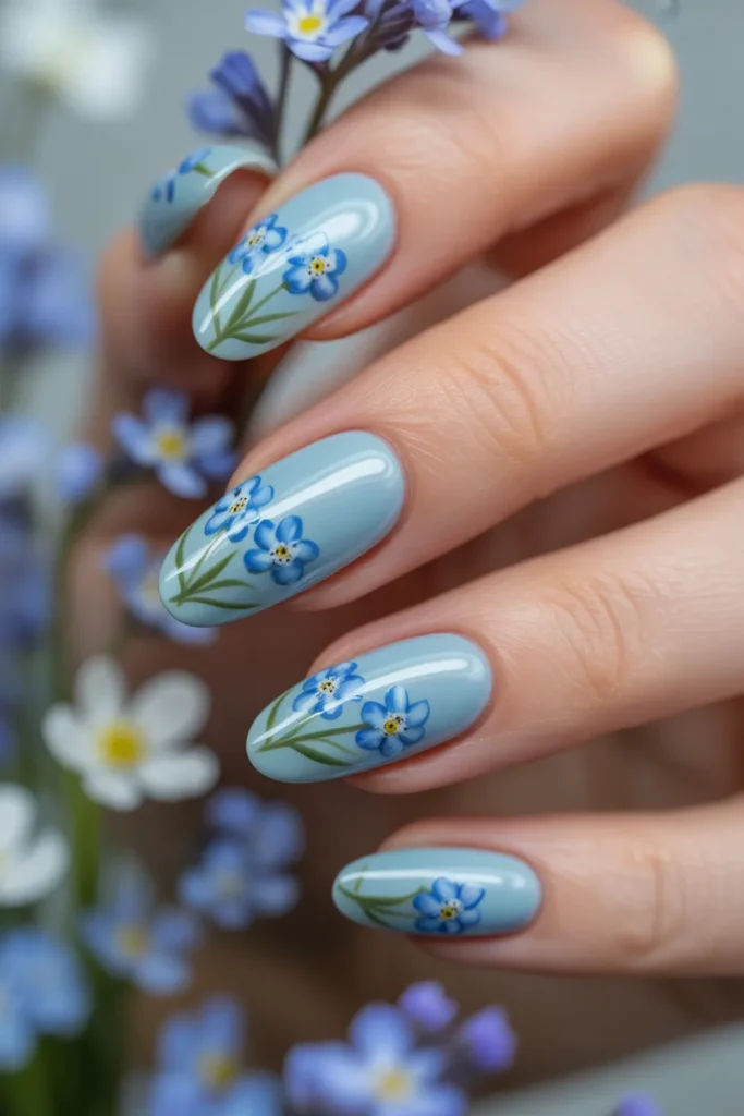 10. Blue Forget Me Not Almond Nails