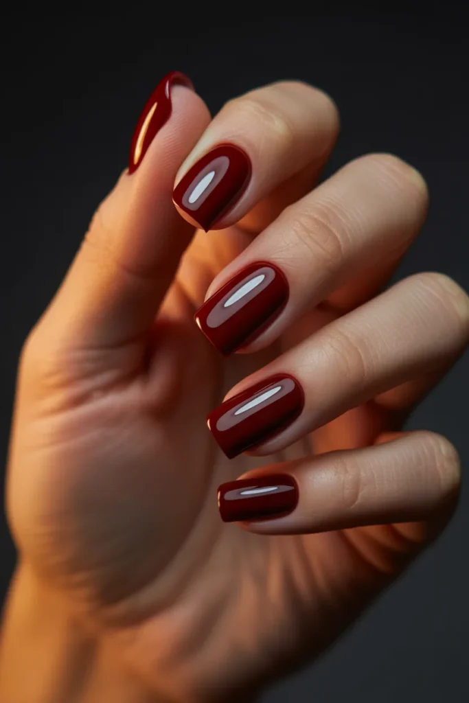 10. Dark Cherry Red Square Nails