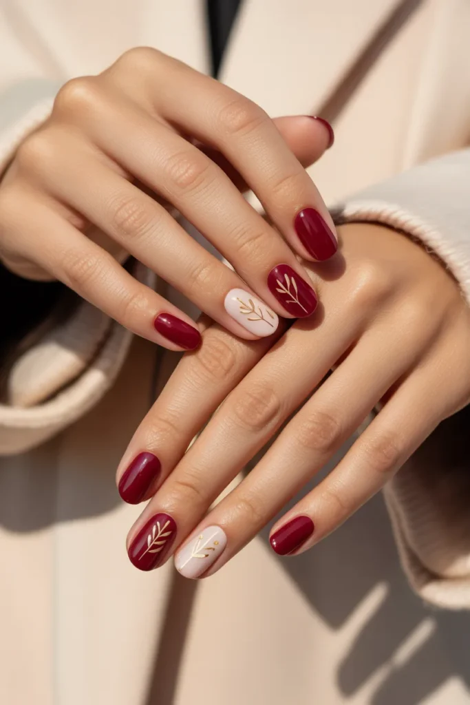 10. Deep Cherry Red Nails with Minimal Art 1