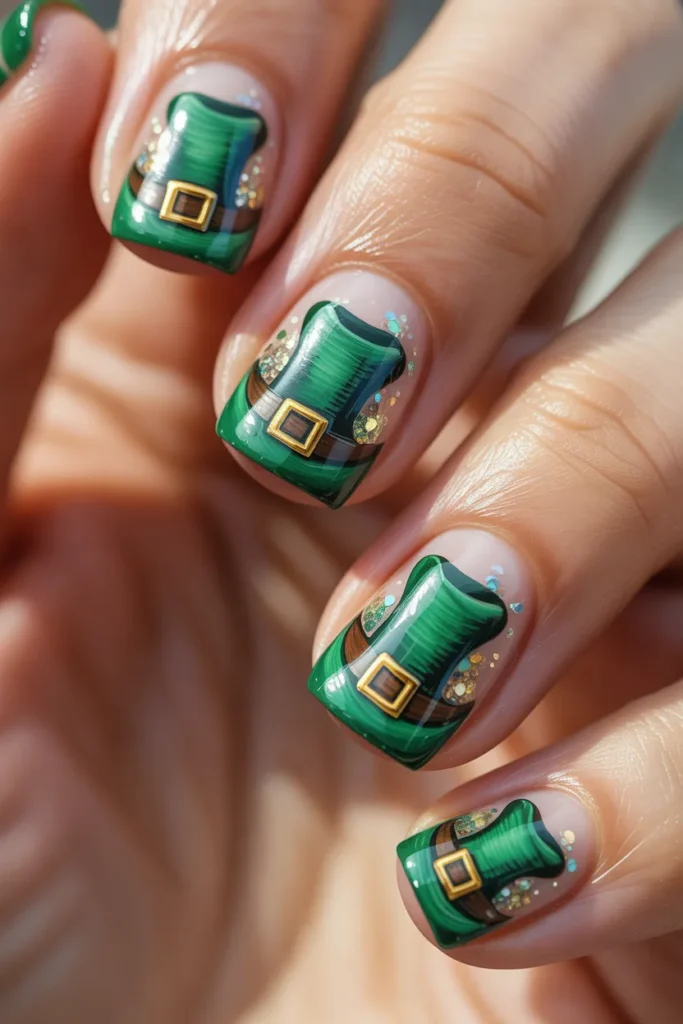 10. Glittery Leprechaun Hat Nail Art