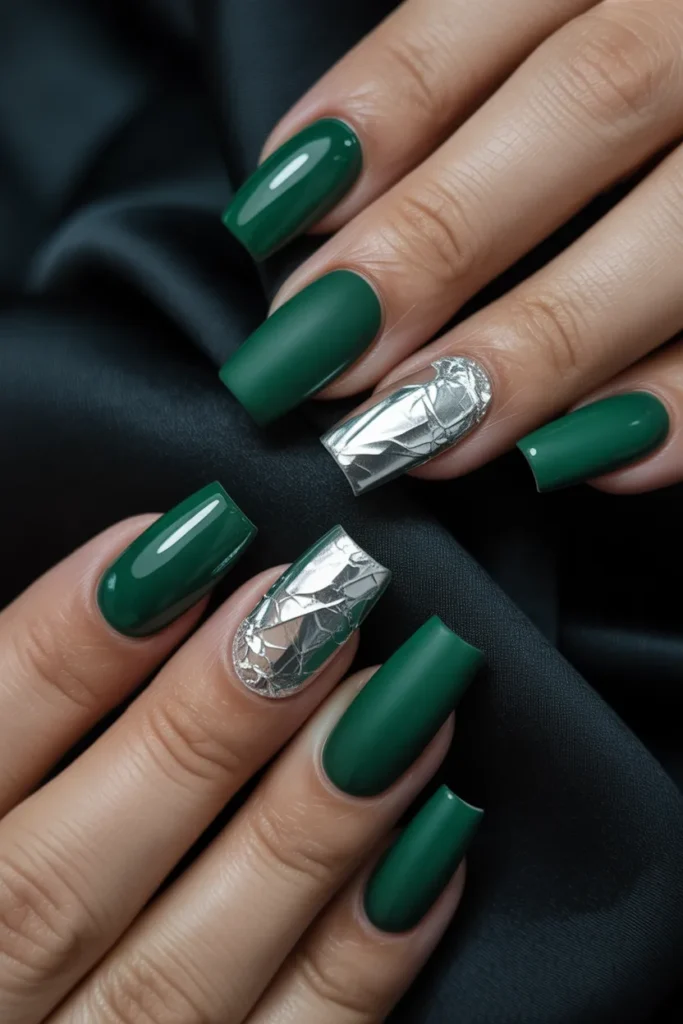 10. Green Gel Nails with Silver Foil Accents 1