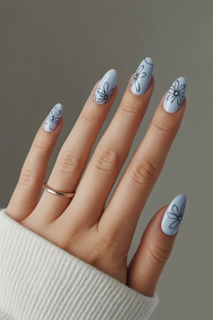 10. Icy Blue With Minimal Line Flowers