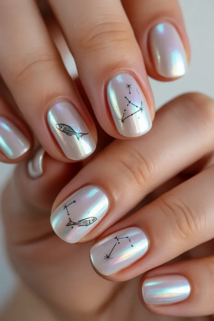 Pearl white nails with iridescent accents and tiny fish or star decals, creating a realistic high-quality zodiac-inspired manicure design.
