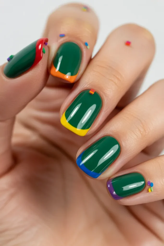 10. Rainbow Tips on Green Base Nails