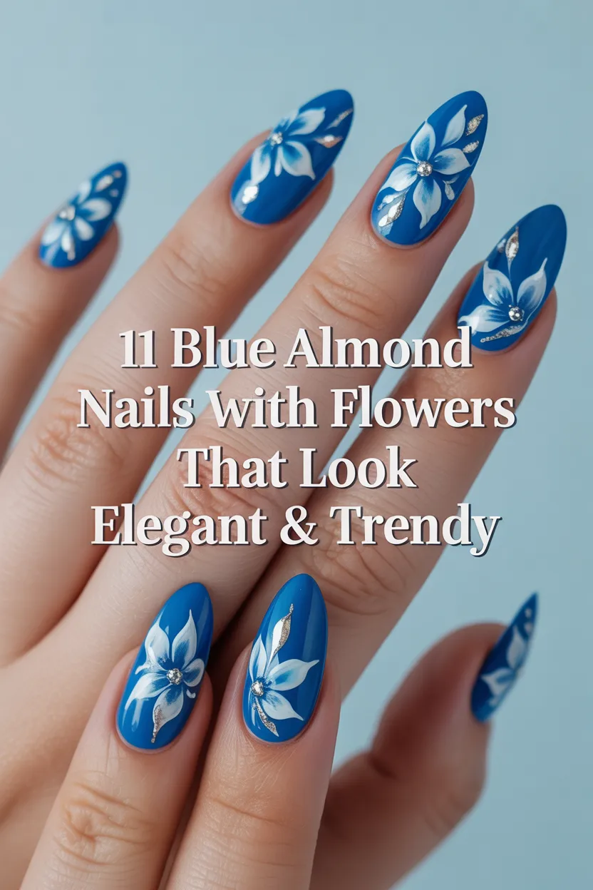 Blue almond nails with flowers