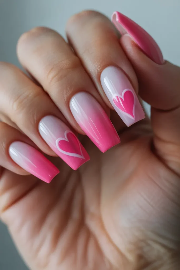 Long coffin nails with a white-to-hot-pink ombre gradient, decorated with darker pink heart accents, smooth glossy finish, romantic sunset-inspired salon-quality nail design.