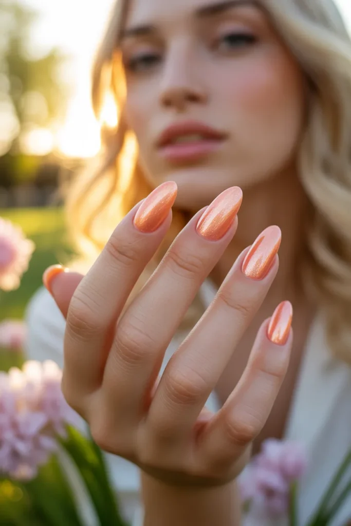 11. Almond Nails Designs March — Soft Peach Aurora 1