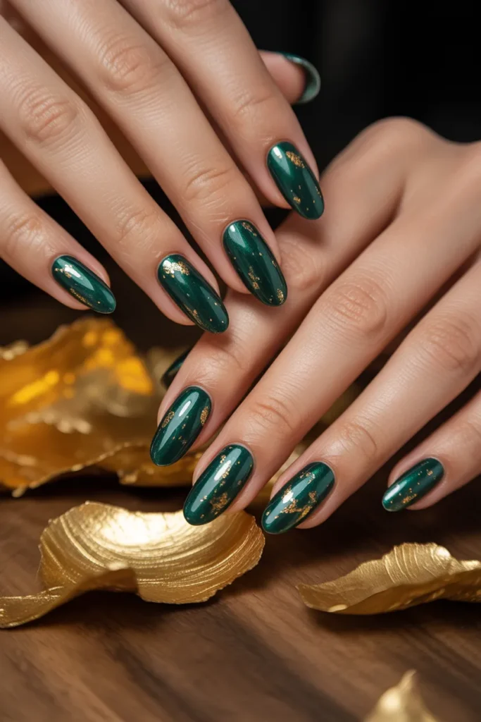 11. Dark Green Almond Nails with Gold Accents