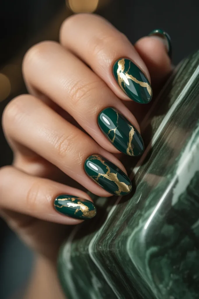 11. Dark Green and Gold Marble Nails