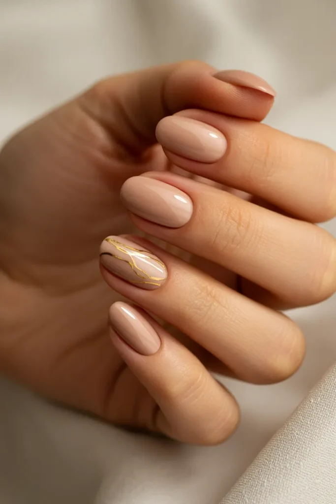 11. Neutral Nude Almond Nails with Gold Line Art