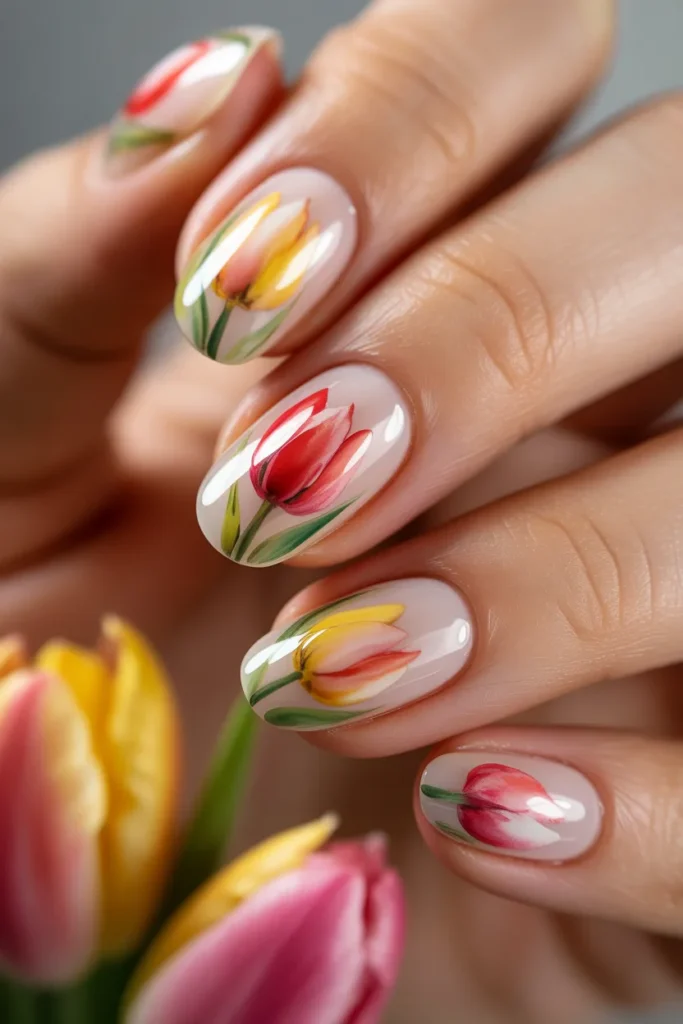 11. Pastel Art — Watercolor Tulip Nails