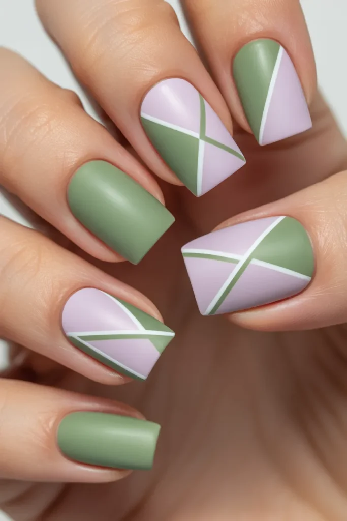 11. Pastel Lilac and Green Geometric Nails