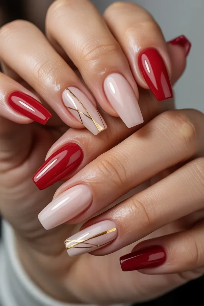 11. Red Coffin Nails with Nude Accents