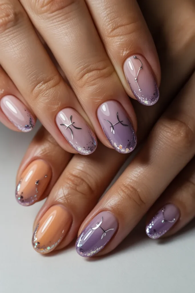 Ombre nails blending soft pink, orange, and purple shades with Pisces symbols and glitter accents, showcasing a high-quality, realistic zodiac-inspired manicure.