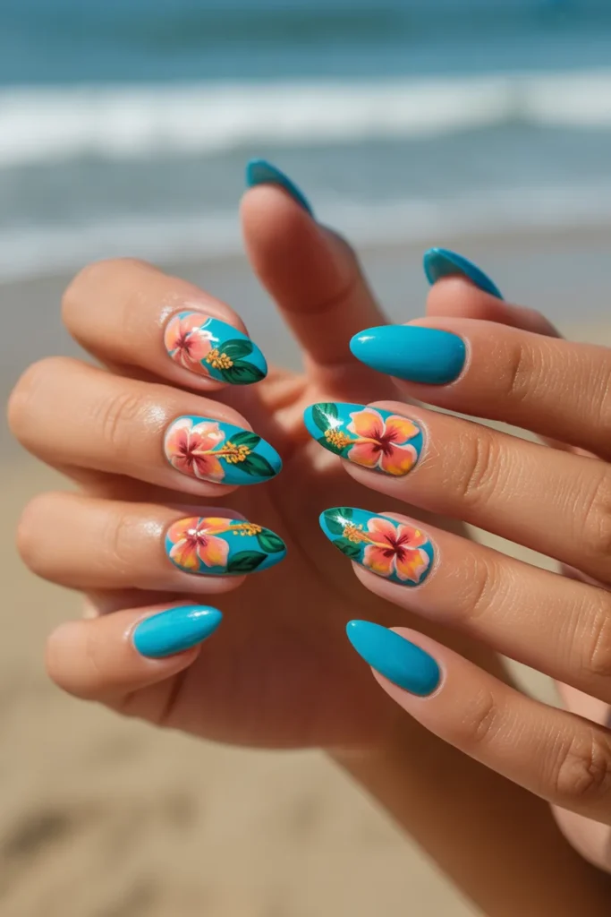 11. Turquoise Blue With Tropical Floral Art