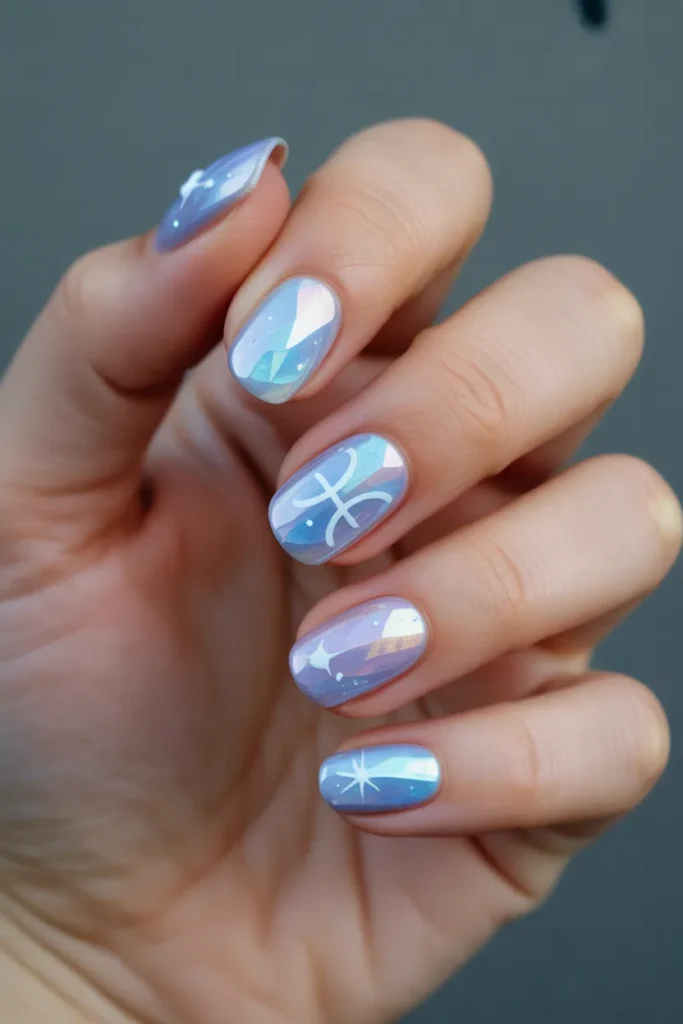 Nails with crystal-like textures in pastel blues and lilacs, featuring reflective shimmer and Pisces zodiac symbols, creating a high-quality, realistic manicure design.