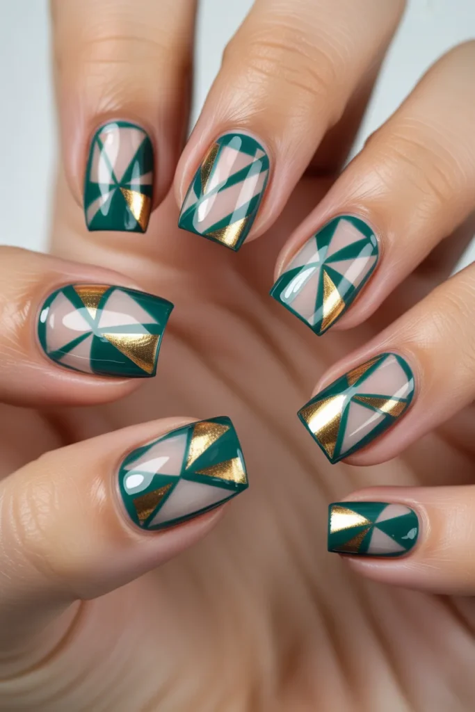 12. Green and Gold Geometric Acrylic Nails