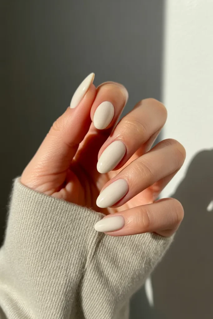  short almond nails, ivory cream manicure, soft shadow background, clean minimal aesthetic, 