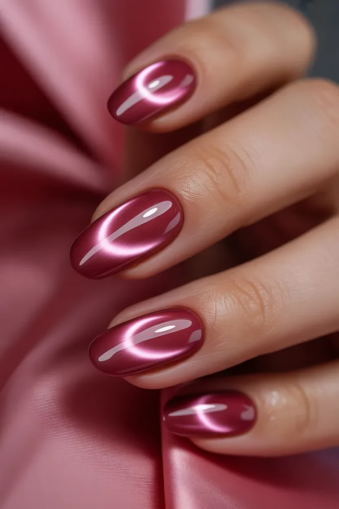 12. Pink Cat Eye Almond Nails