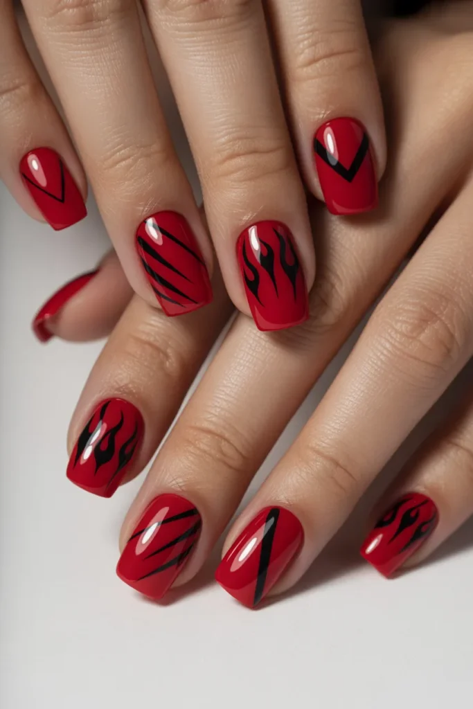 12. Red Square Nails with Black Nail Art