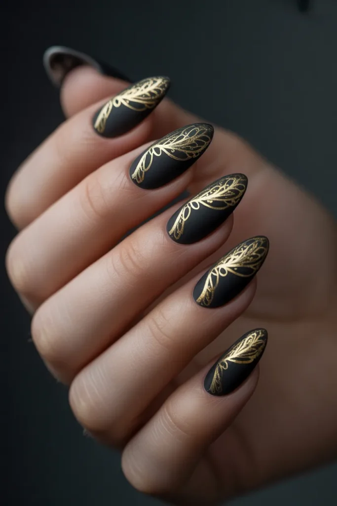 12. Short Black Acrylic Nails with Rhinestone Border