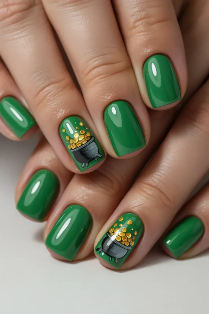 12. St. Patricks Day Gel Nails with Pot of Gold Art
