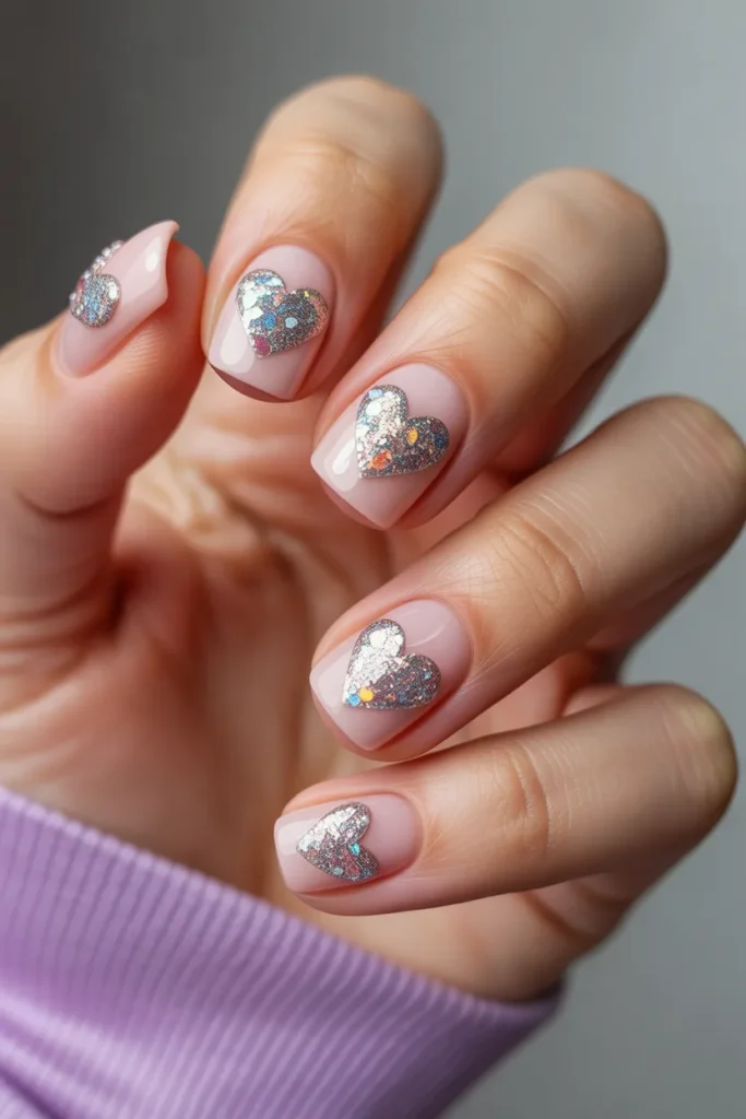 Medium square nails with chunky holographic glitter hearts on a nude pink base, dimensional sparkle effect, party-ready glamorous Valentine’s nail design under studio lighting.