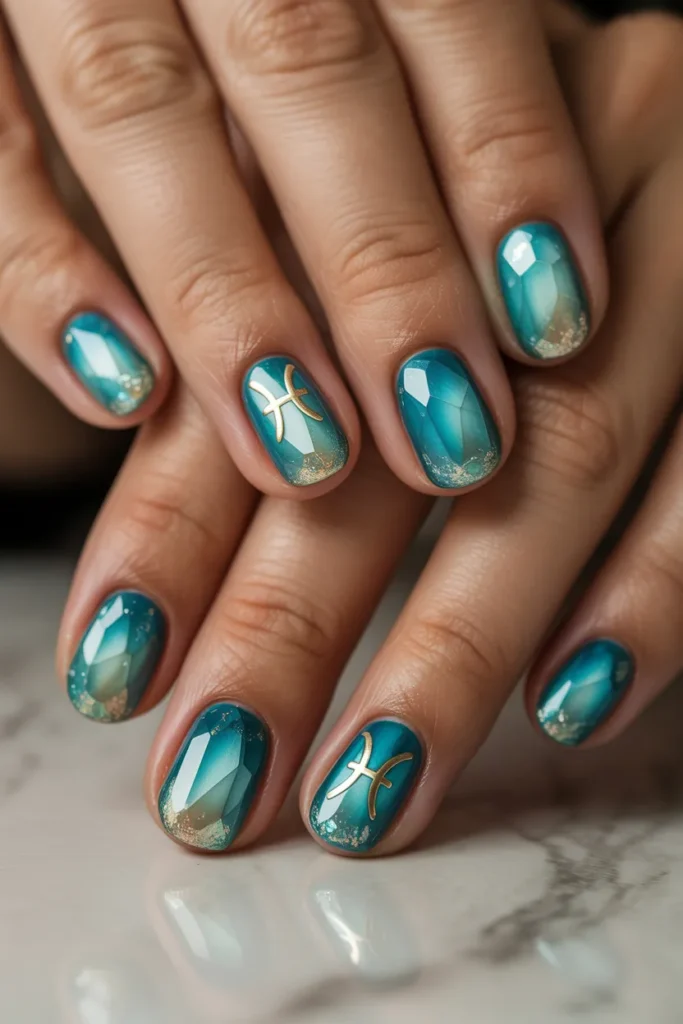 Aquamarine gemstone-inspired nails in sparkly turquoise and teal shades, featuring realistic stone textures and Pisces zodiac accents for a high-quality, mystical manicure.