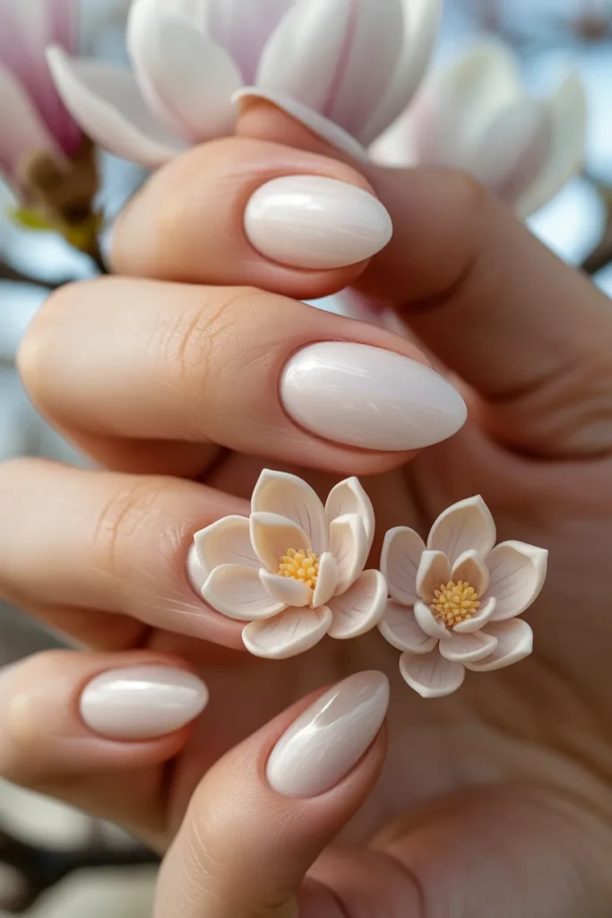 13. Gel Nails Flower Design — 3D Magnolia Accents