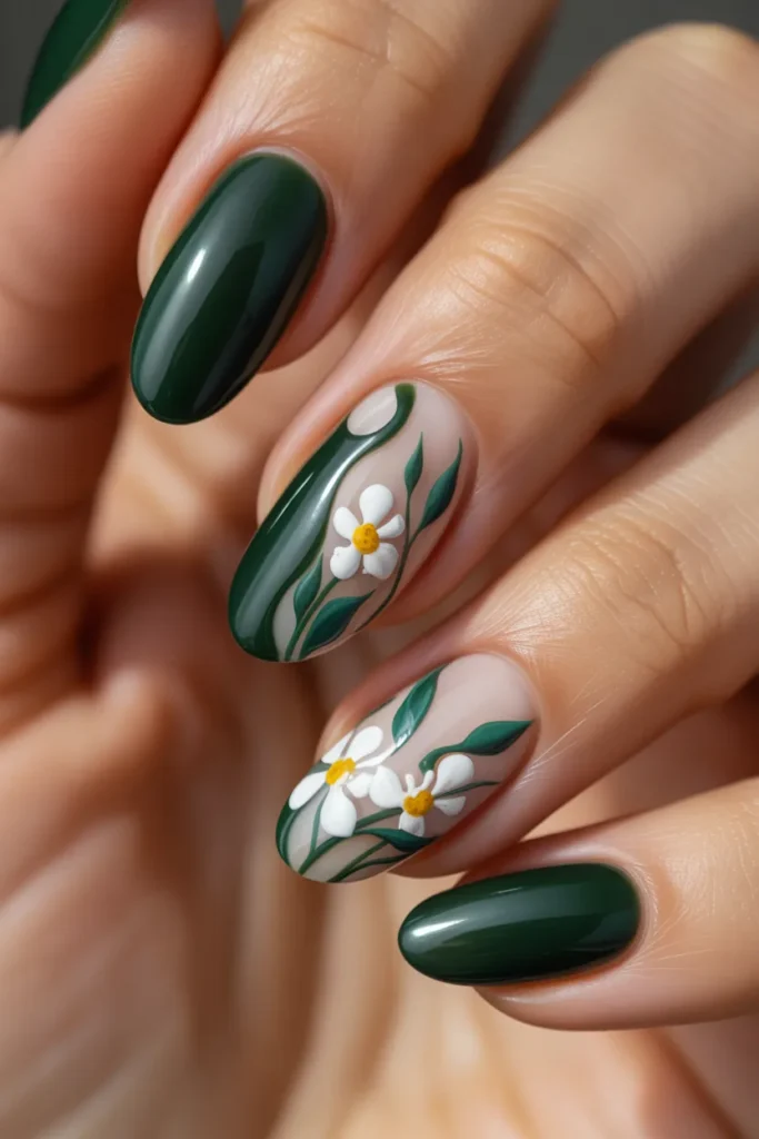 13. Green Floral Nail Art with Negative Space