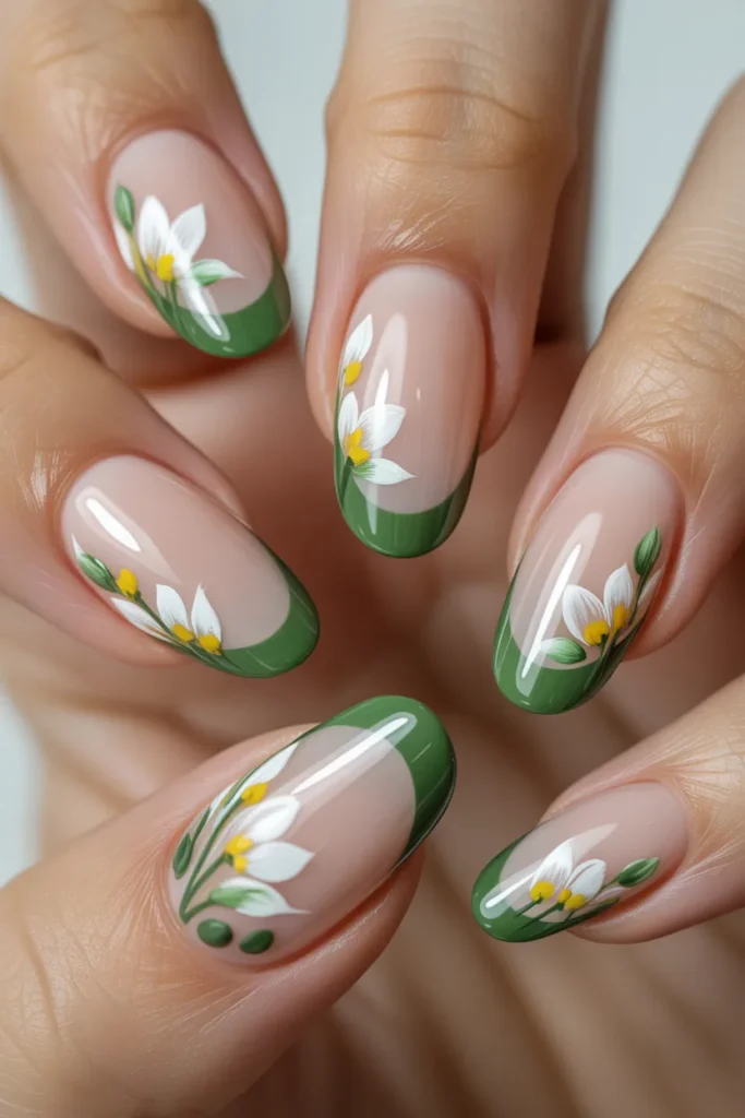 13. Green French Tips with Floral Nail Art
