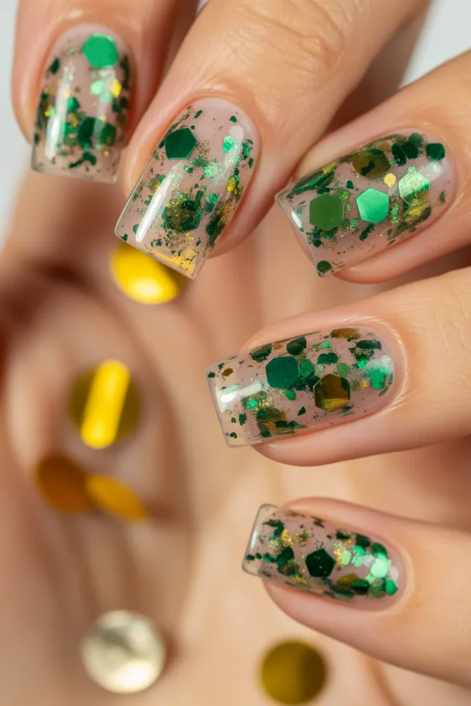 13. Green Glitter Confetti Nails