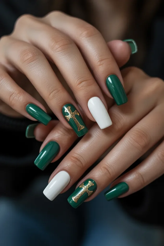 13. Green and White Gel Nails with Celtic Cross
