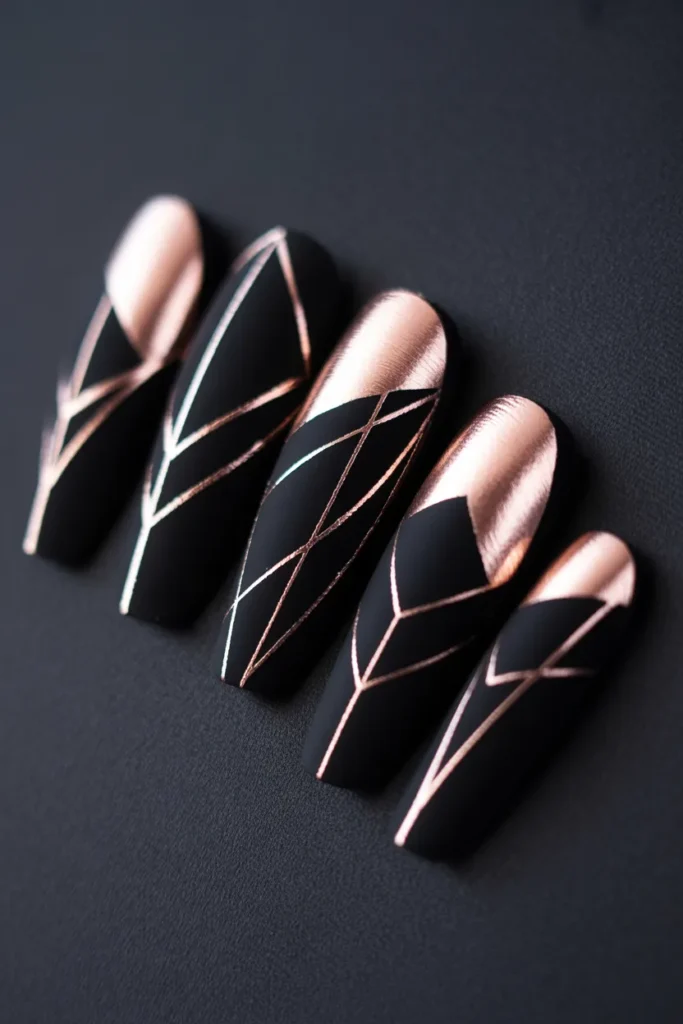 13. Matte Black and Rose Gold Geometric Nails