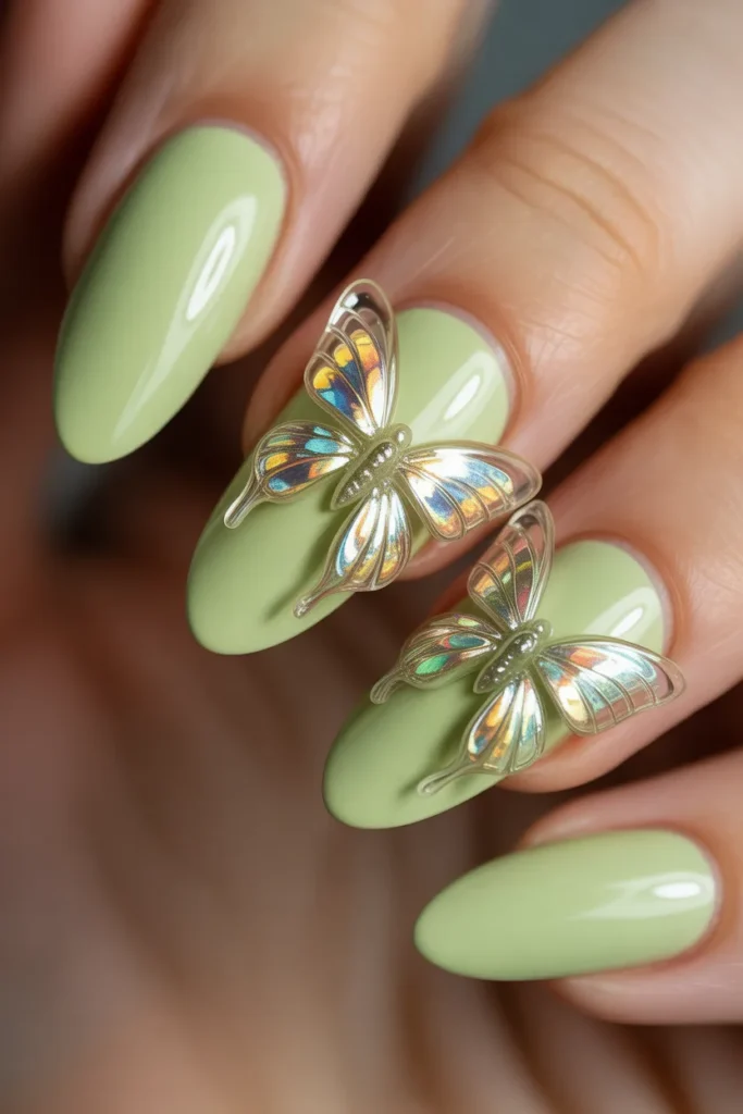 13. Pastel Green Butterfly Acrylic Nails