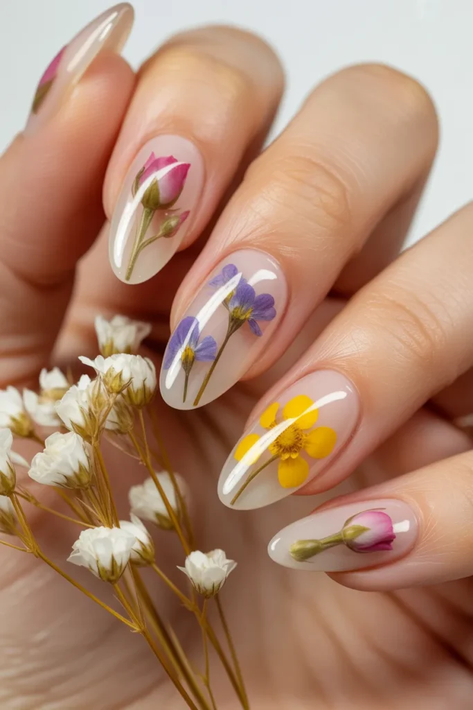 13. White Almond Nails with Pressed Spring Flowers