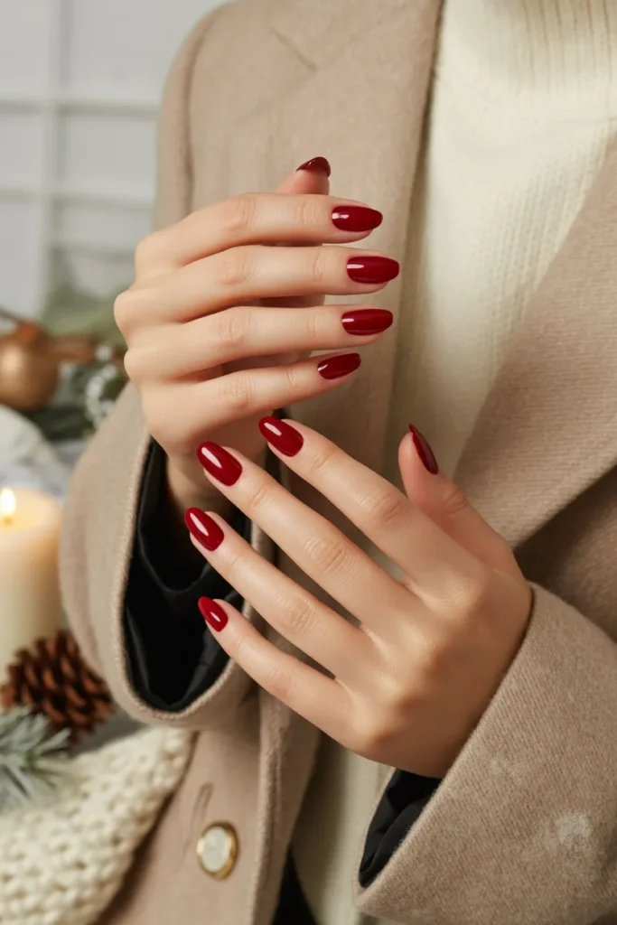 14. Deep Cherry Red Nails with Neutral Pairing