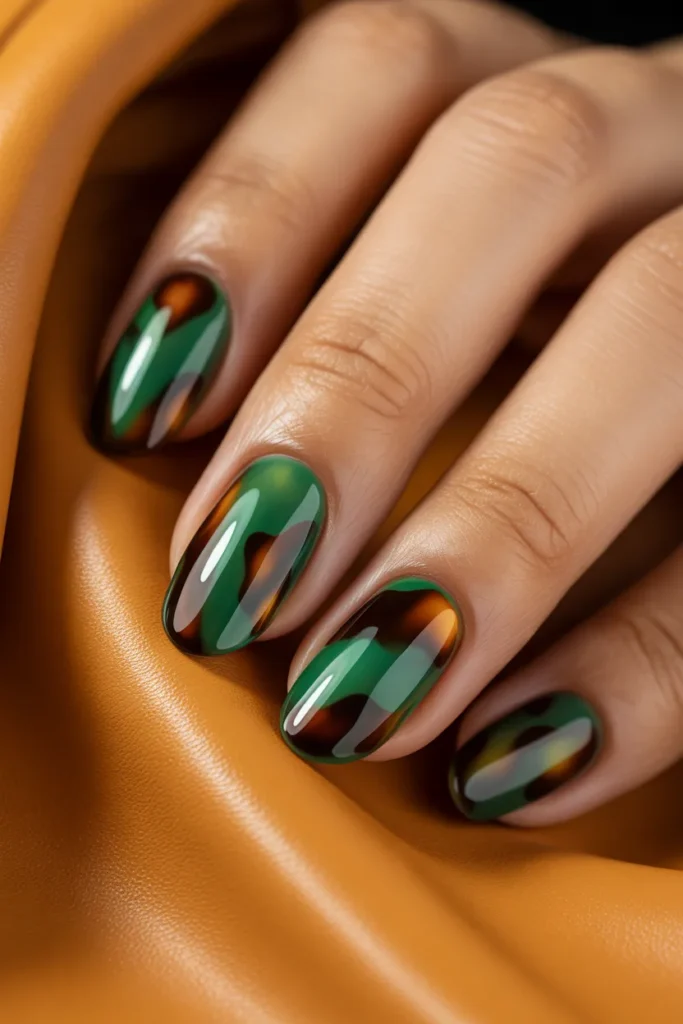 14. Forest Green Tortoiseshell Nails