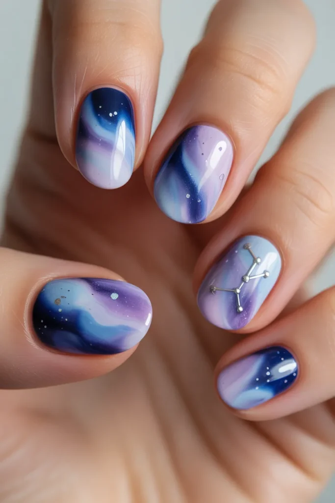 Watercolor-effect nails blending blues and purples with silver sparkles, featuring a cosmic Pisces theme in realistic high-quality nail art.