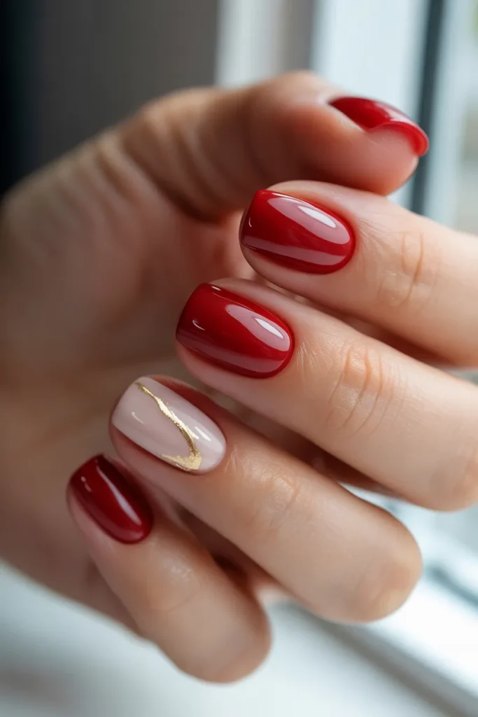 14. Glossy Red Square Nails with Nude Accent
