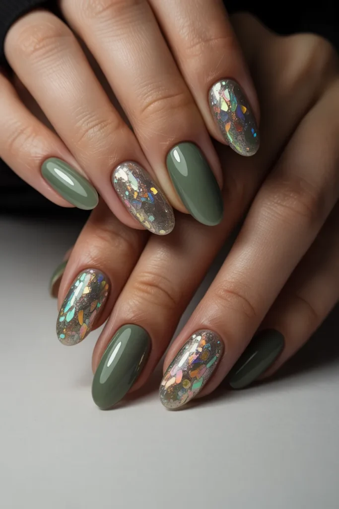 14. Holographic Sage Green Nails