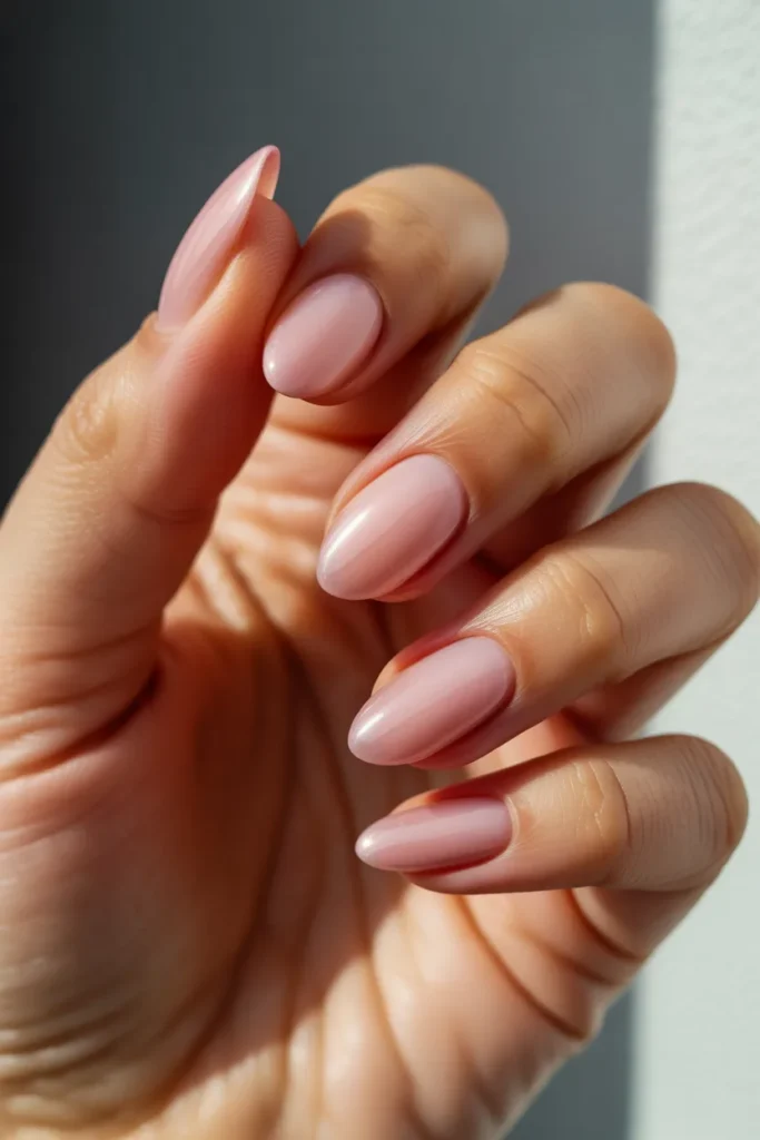  short almond nails pink jelly manicure, translucent glossy finish, natural lighting