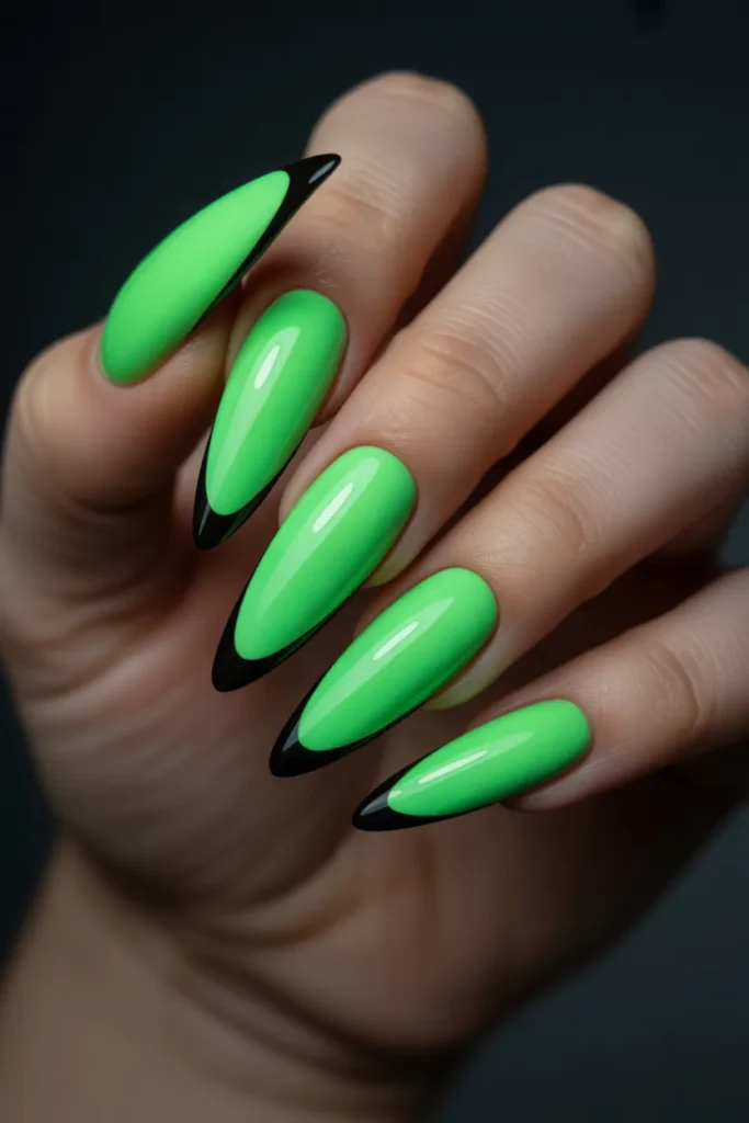 14. Neon Green with Black Tips Acrylic Nails