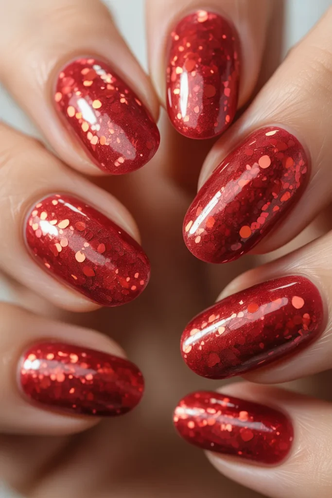 14. Red Glitter Nails Full Coverage