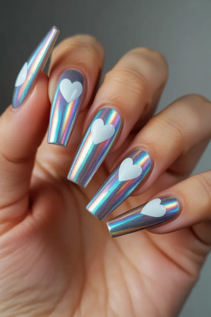 Long coffin nails with chrome holographic base and white iridescent heart decals, rainbow shimmer and prismatic color-shifting effect, futuristic modern Valentine’s nail design under professional lighting.