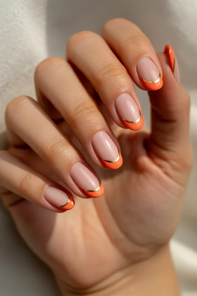 15. Coral and Cream French Almond Nails